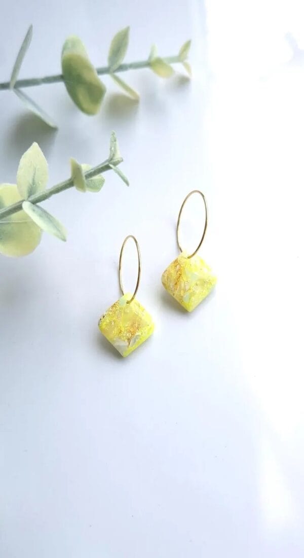 Yellow and Gold Marble Earrings | Handmade Polymer Clay Earrings | Statement Hoop Earrings