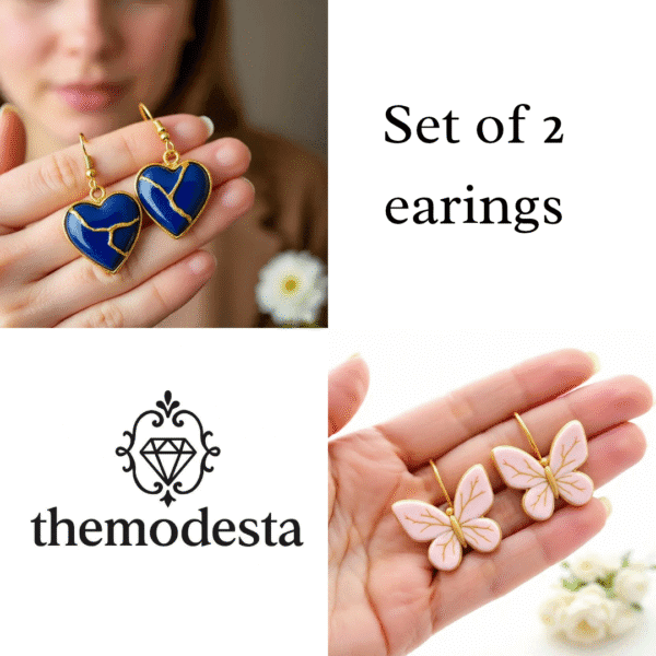 The Modesta Dual Charm Set: Kintsugi Heart & Pink Butterfly Polymer Clay Earrings (Set of 2 Pairs)