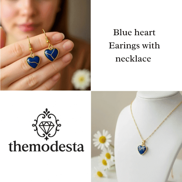 Kintsugi Revival Jewelry Set: Royal Blue Heart Necklace & Earrings