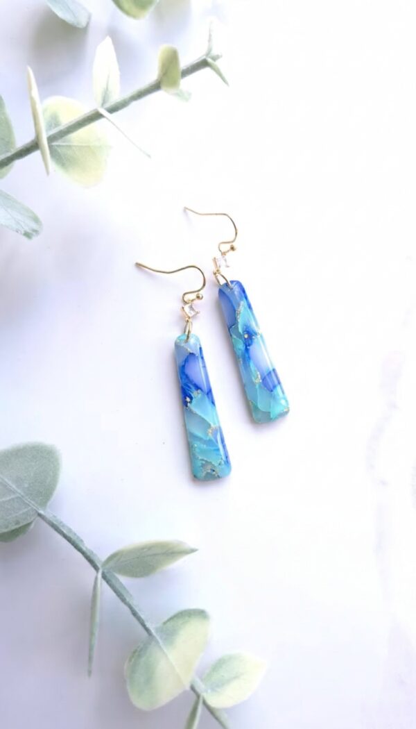 Ocean Depths Bar Drop Earrings: Blue & Gold Marbled Polymer Clay
