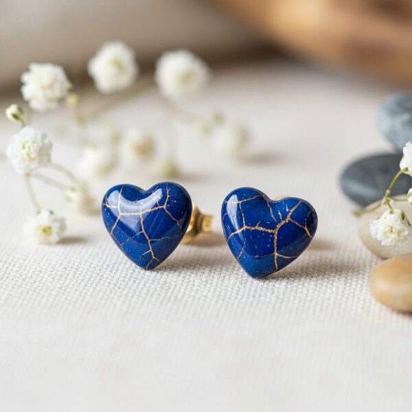 Kintsugi Style Deep Blue Heart Stud Earrings with necklace | Gold Cracked Finish